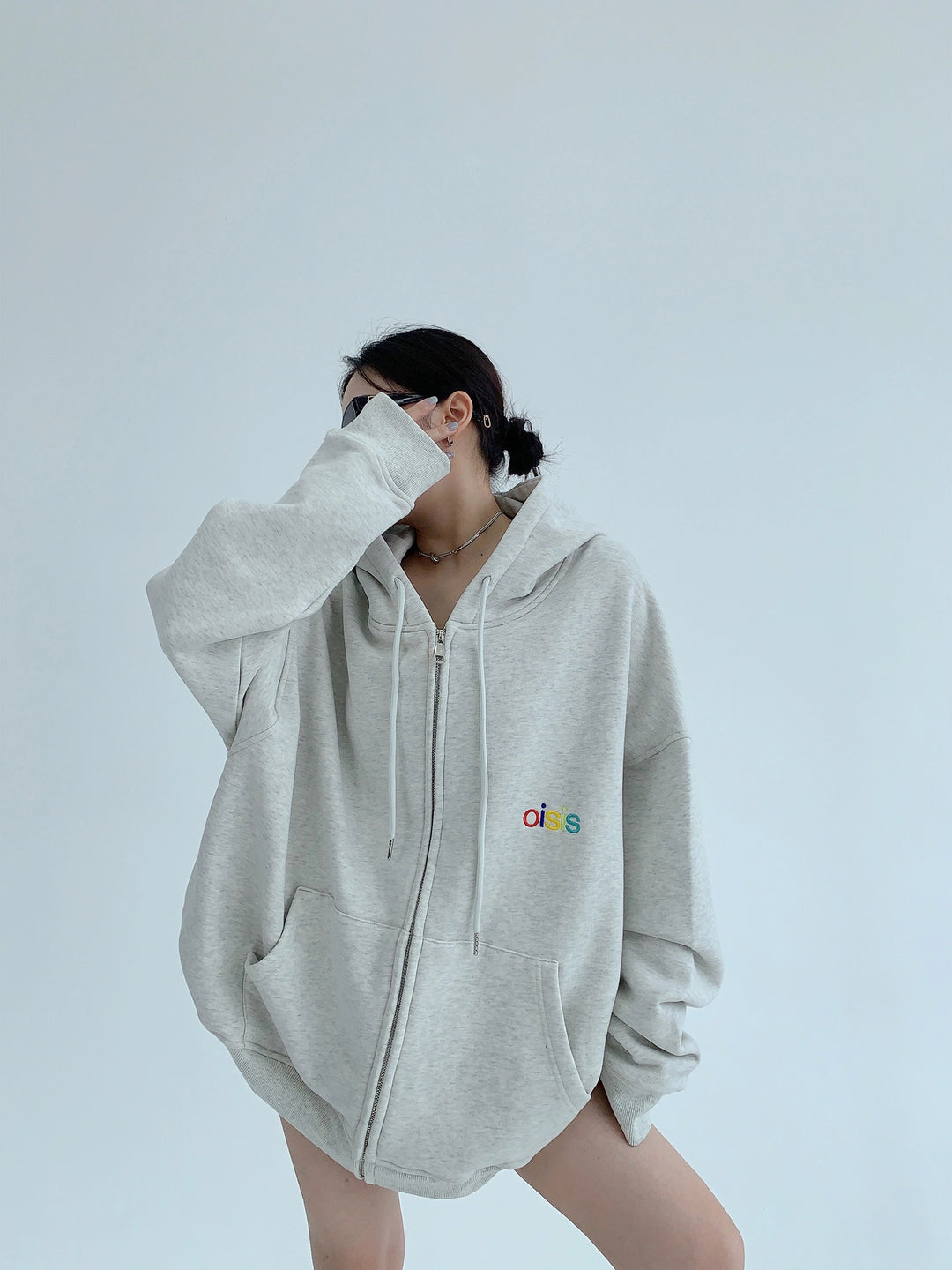 Överdimensionerad broderad zip-up hoodie-jacka 
