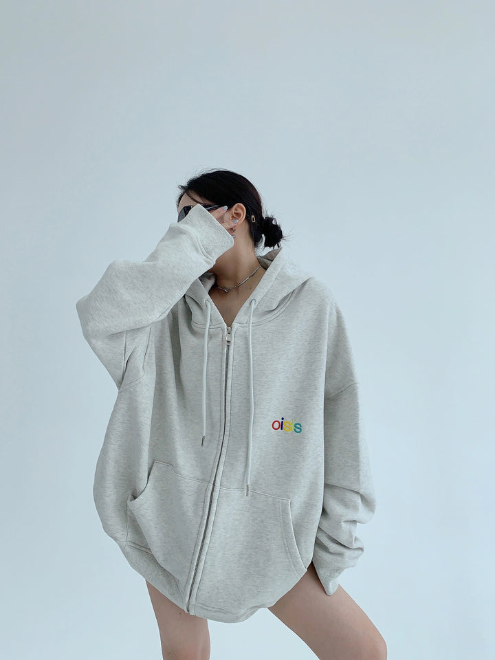 Överdimensionerad broderad zip-up hoodie-jacka 