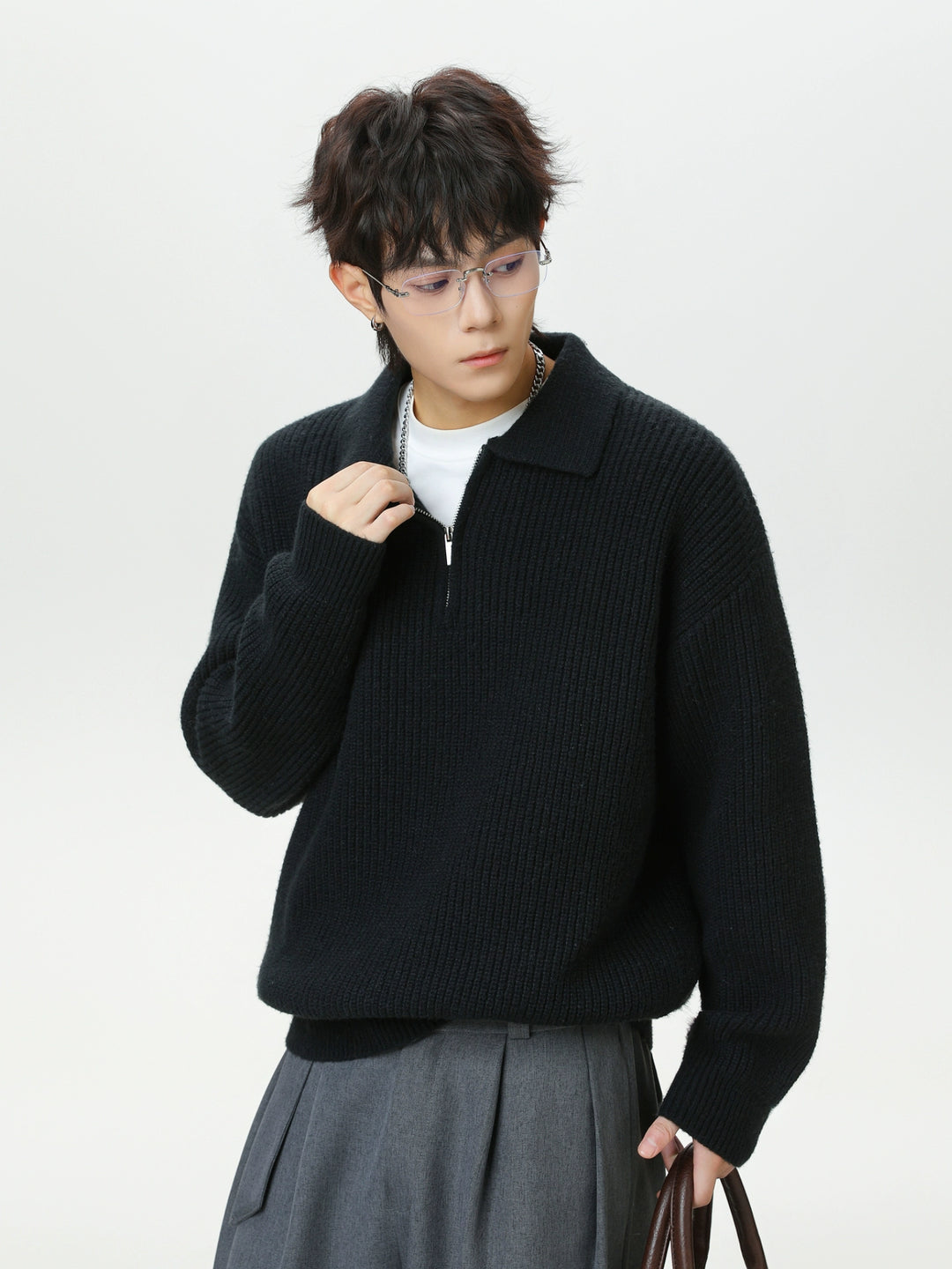 Pull polo en tricot côtelé à demi-zip 