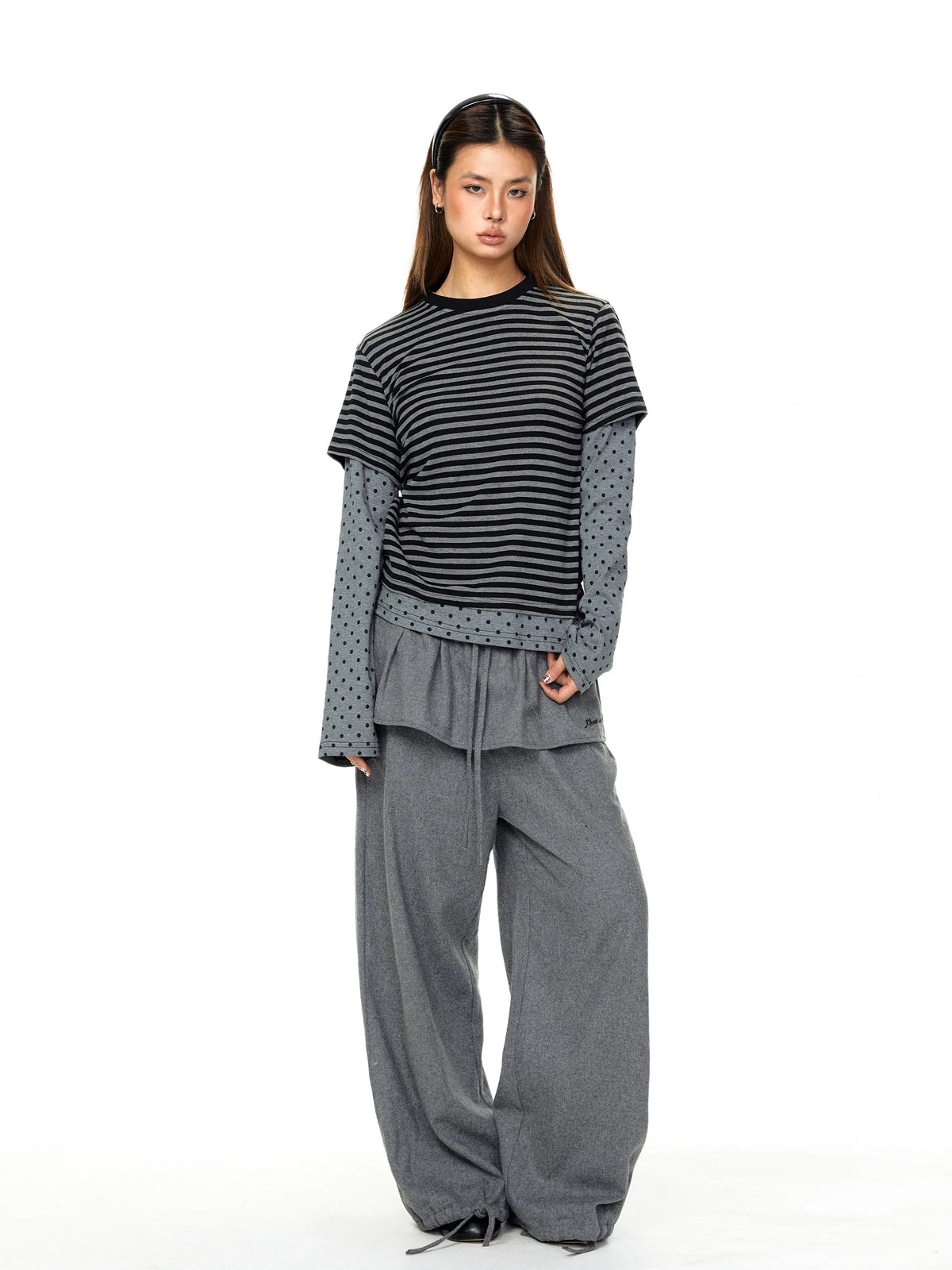 Striped and Polka Dot Layered Crewneck Top 5