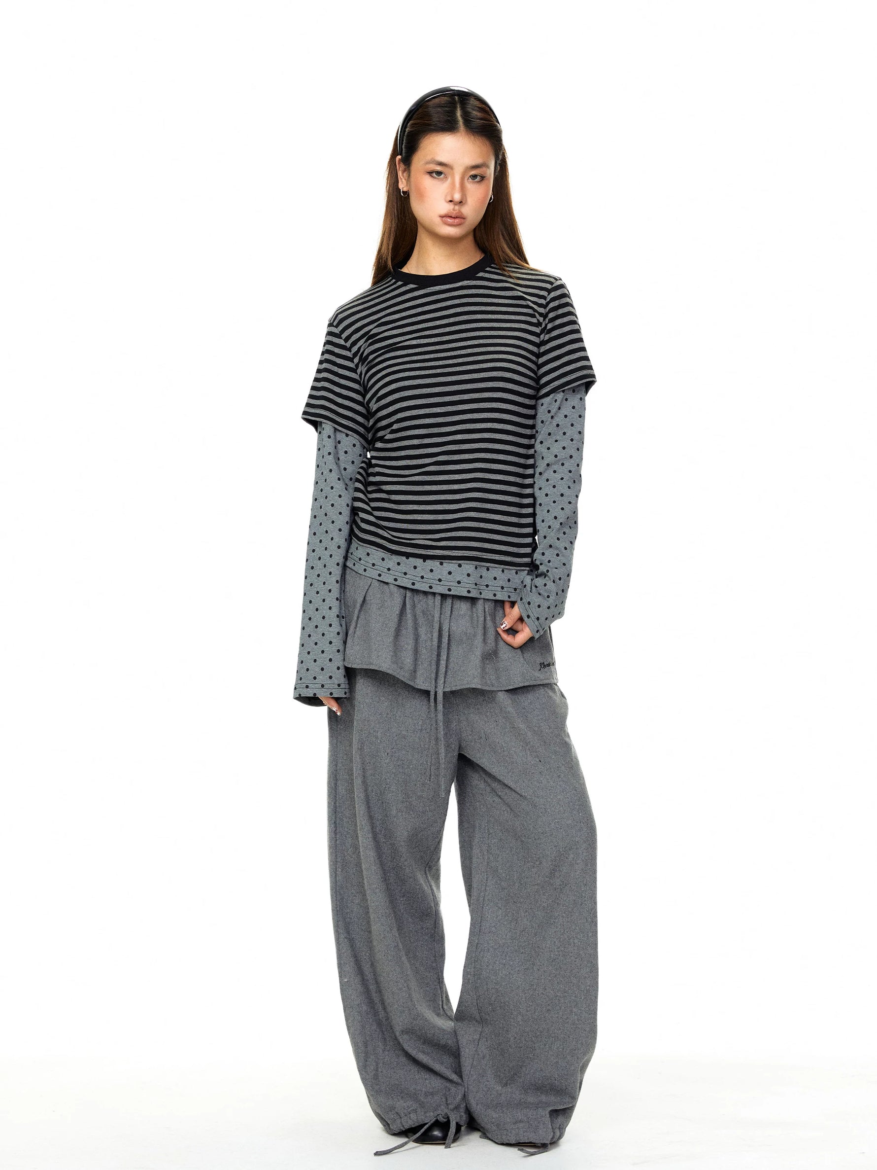 Striped and Polka Dot Layered Crewneck Top 5