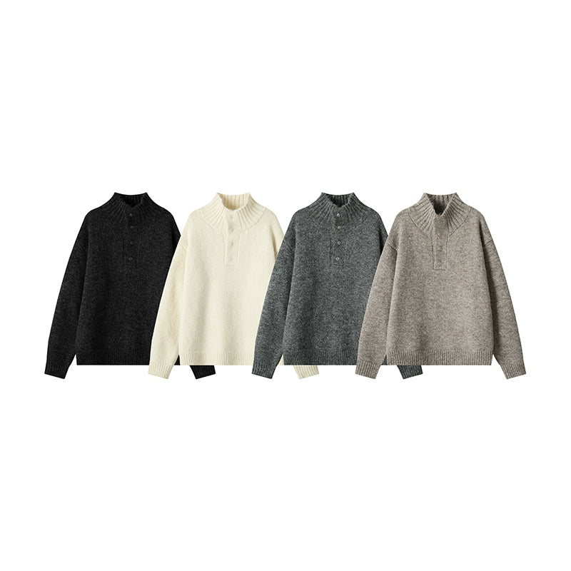 Button Stand Collar Knit Sweater