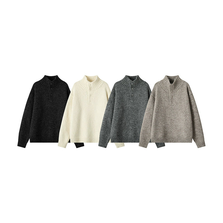 Button Stand Collar Knit Sweater
