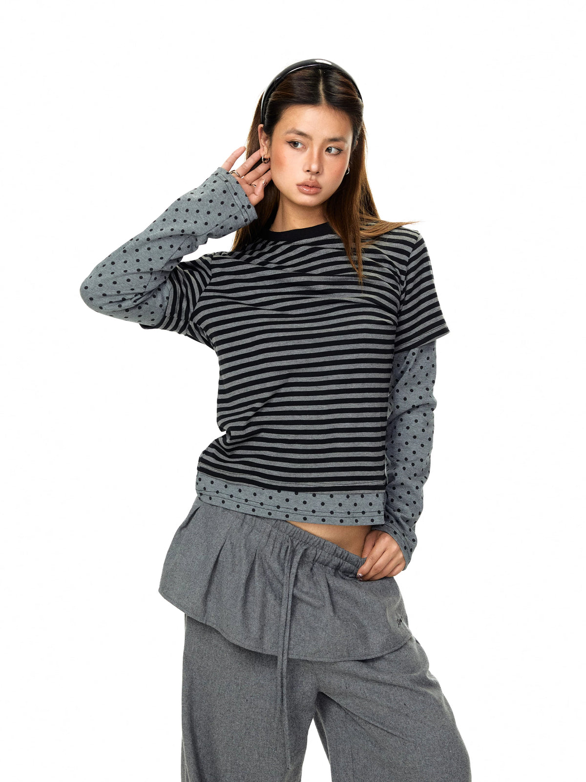 Striped and Polka Dot Layered Crewneck Top 2