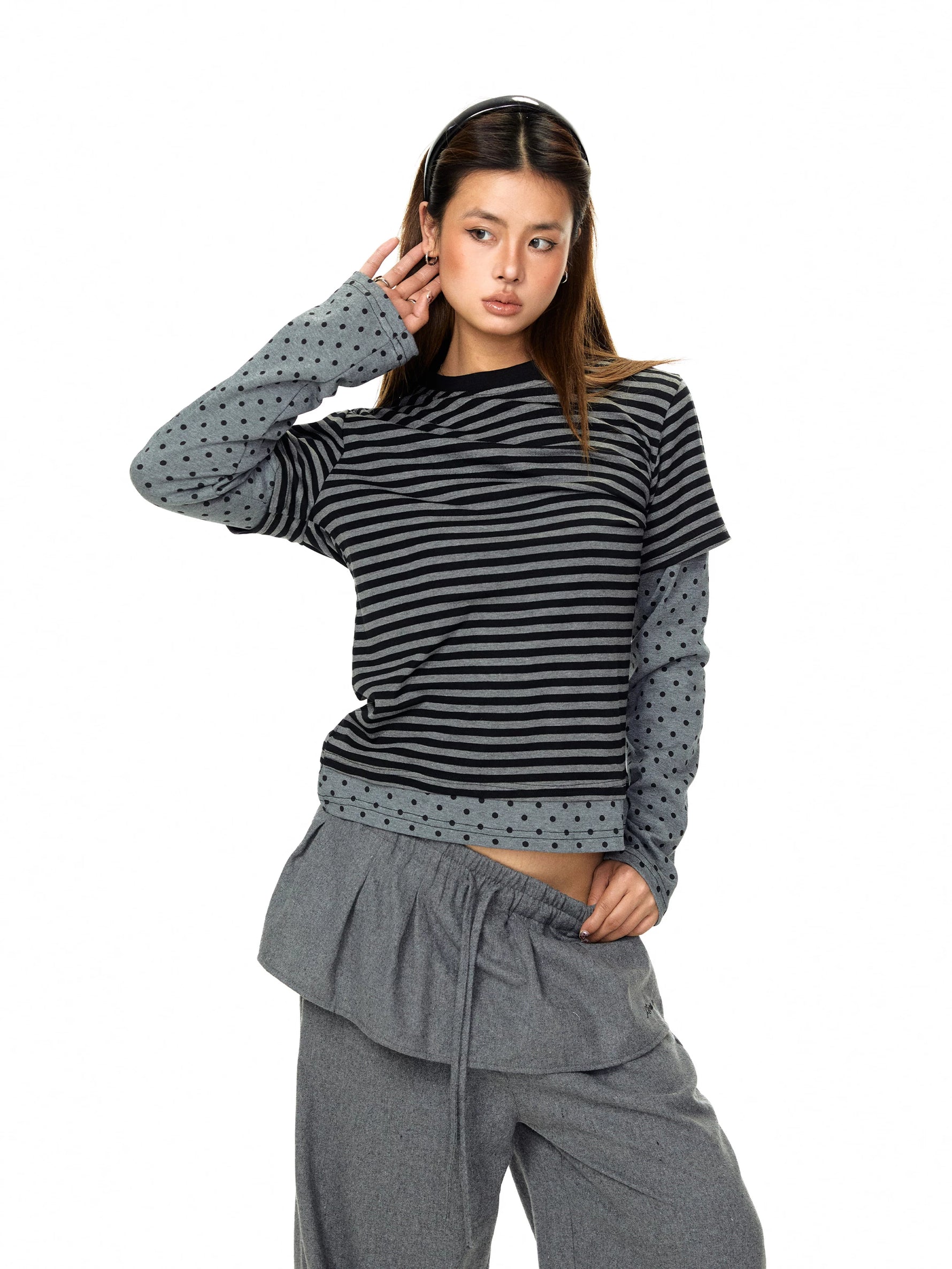 Striped and Polka Dot Layered Crewneck Top 2