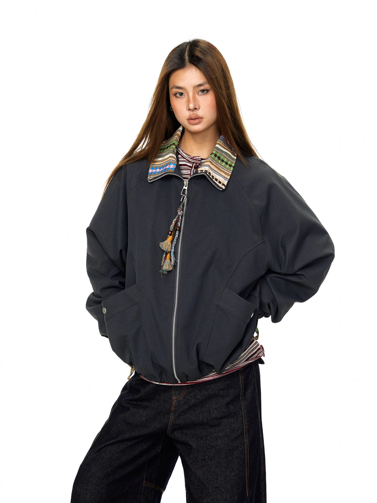 Ethnic Patchwork Collar Zip Work Jacket 3