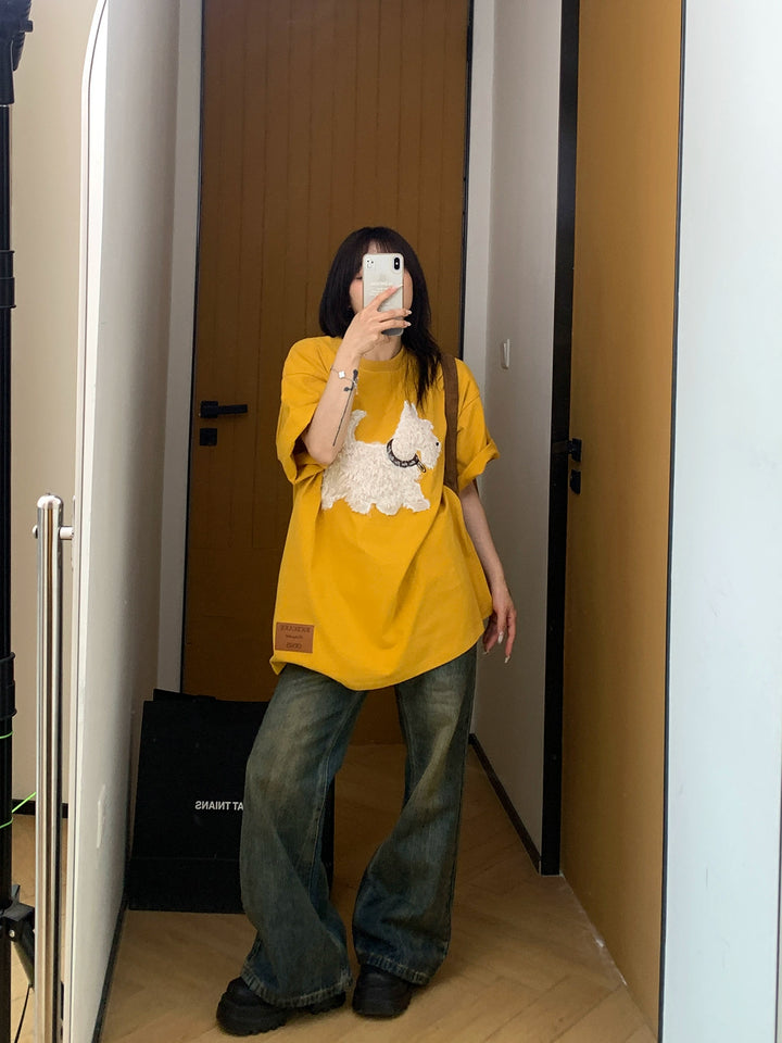 Plush Dog Embroidery Loose Cartoon T-shirt