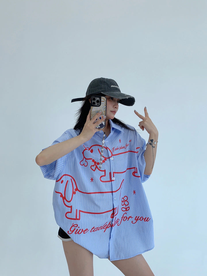 Cartoon Dog Striped Short Sleeve Shirt