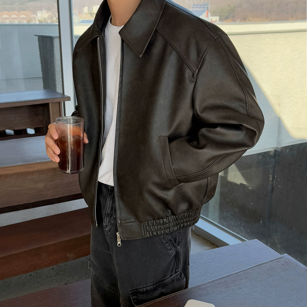 Retro volná krátká kožená bunda 