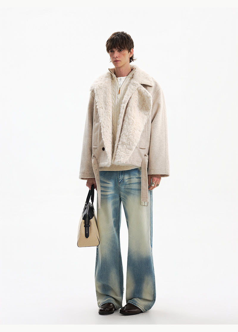 Двубортное шершавая пальто с поясом 