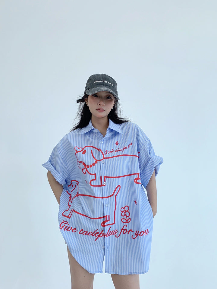 Cartoon Dog Striped Short Sleeve Shirt