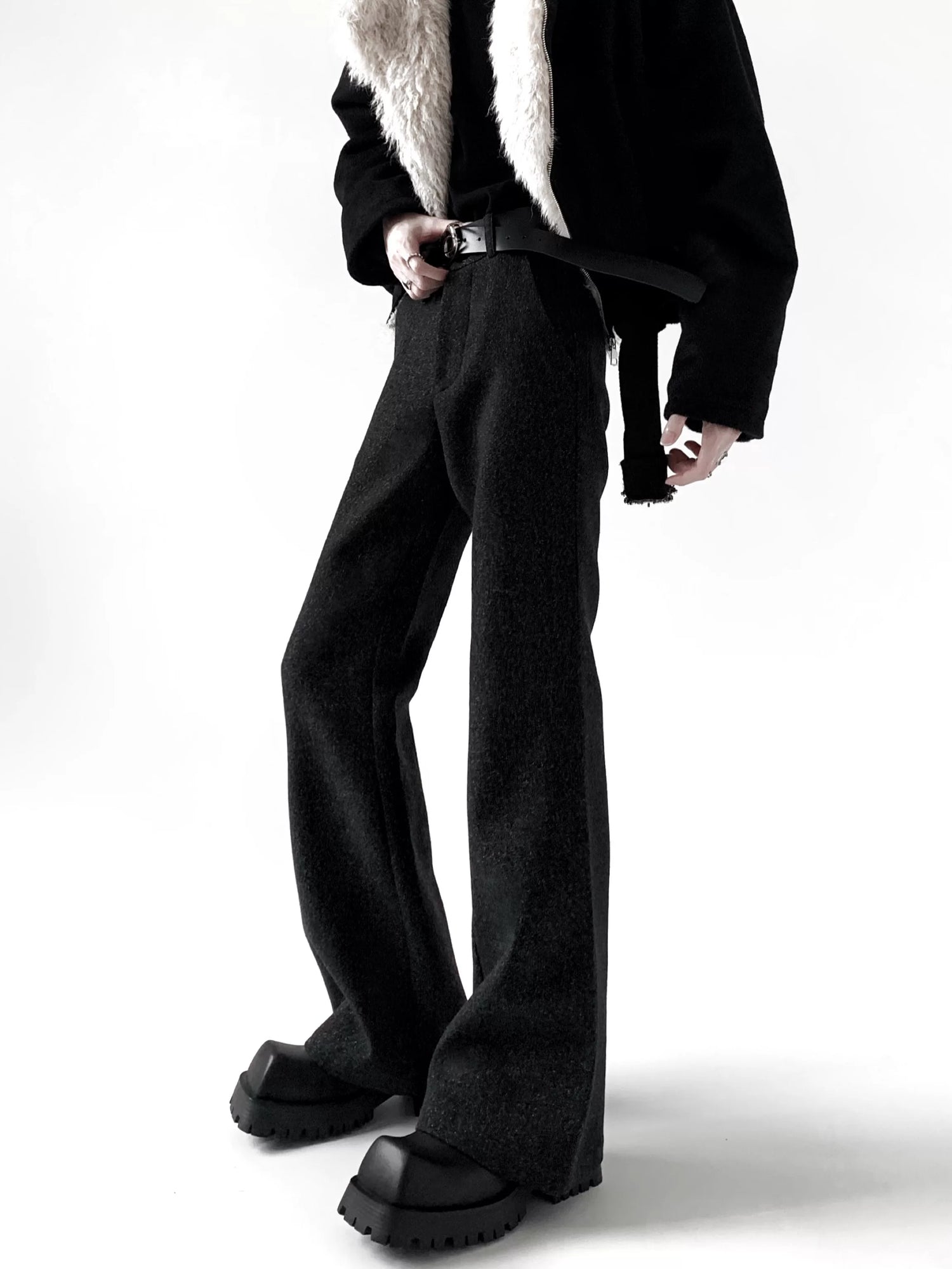 울 혼합 와이드 레그 겨울 바지 