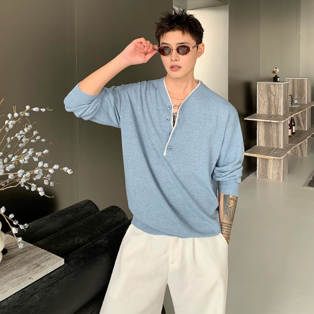 Collarless Wool Knit Long Sleeve Pullover