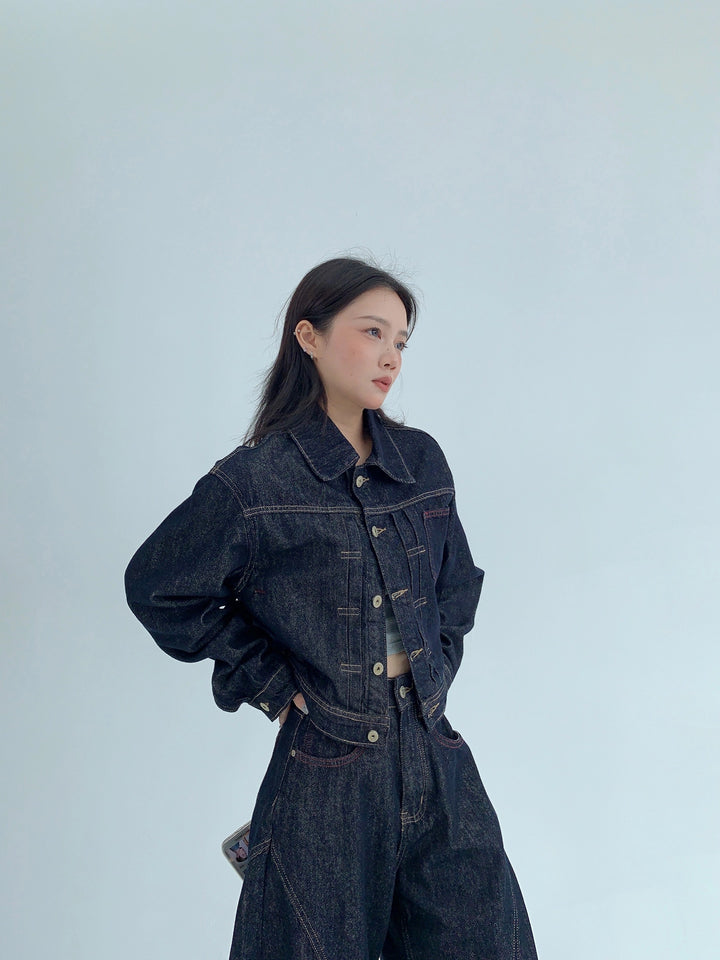 Conjunto de chaqueta de mezclilla suelta retro y pantalones 