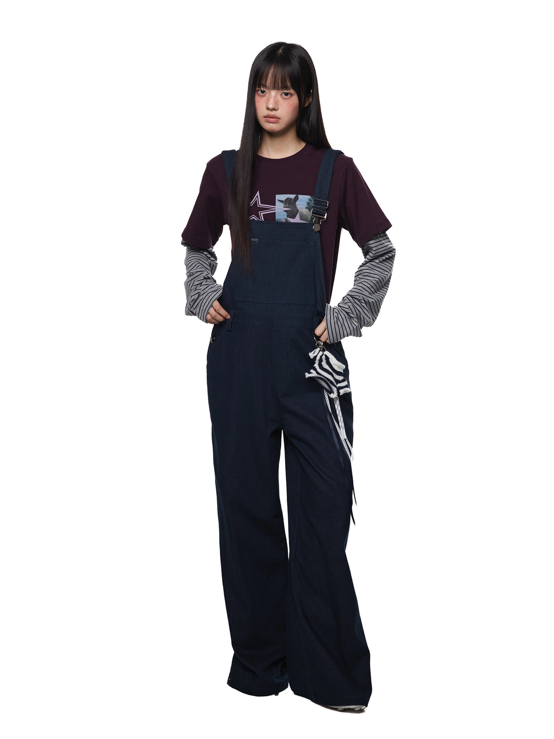 Retro Wide-Leg Overall Pants Jumpsuit with Pendant