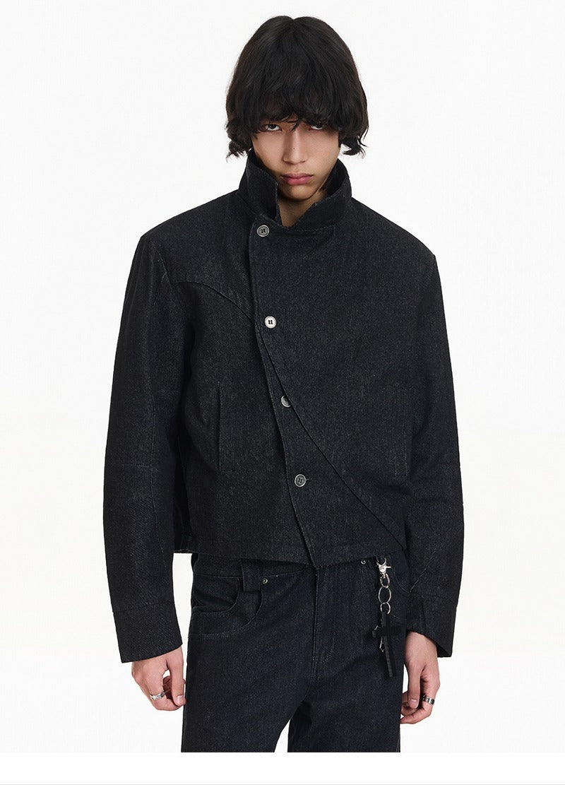 Veste en denim à col montant coupe rétro 