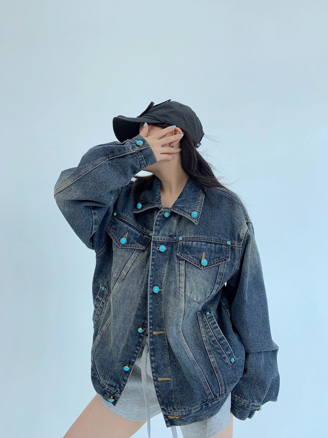 Gestresster Übergroßer Knopf-Denim-Jacke 