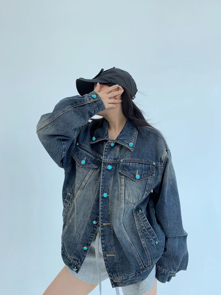 Gestresster Übergroßer Knopf-Denim-Jacke 