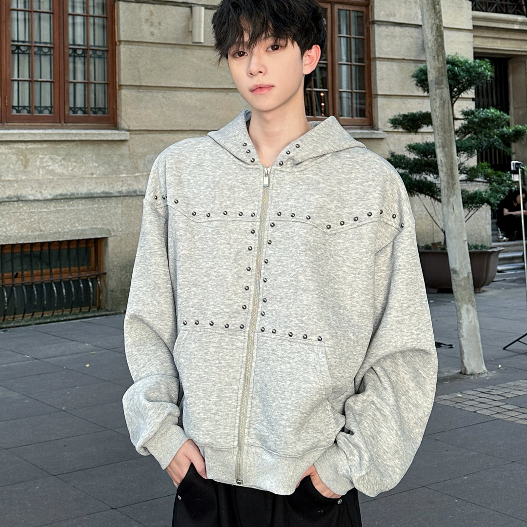 Studded Zip Up Hooded Sweatshirt Pullover