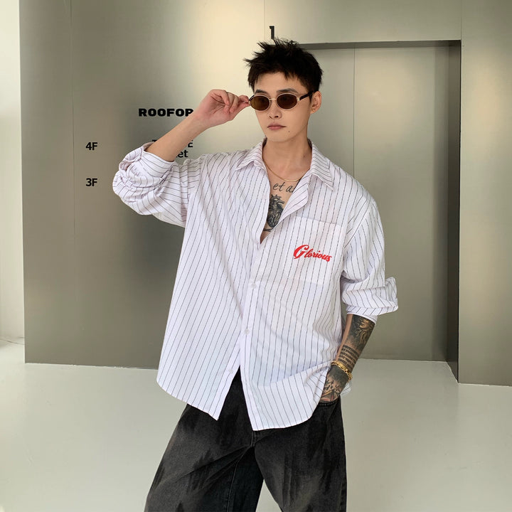 Letter Print Vertical Stripe Long Sleeve Shirt