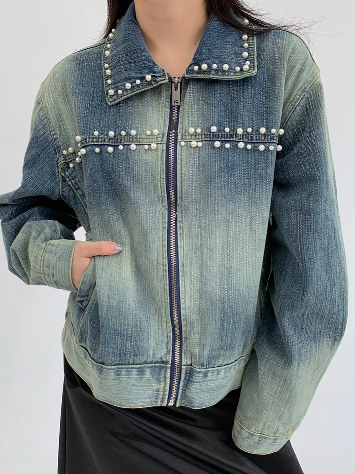 Distressed Beaded Denim Jacket