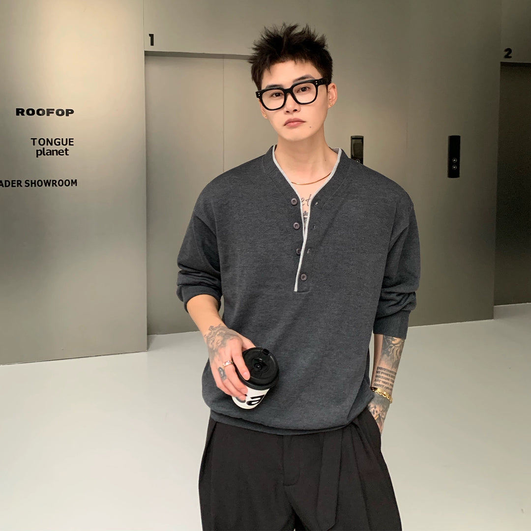 Collarless Wool Knit Long Sleeve Pullover