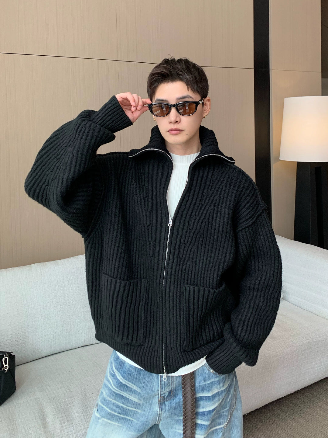 Cárdigan de punto con cremallera y cuello alto acanalado 