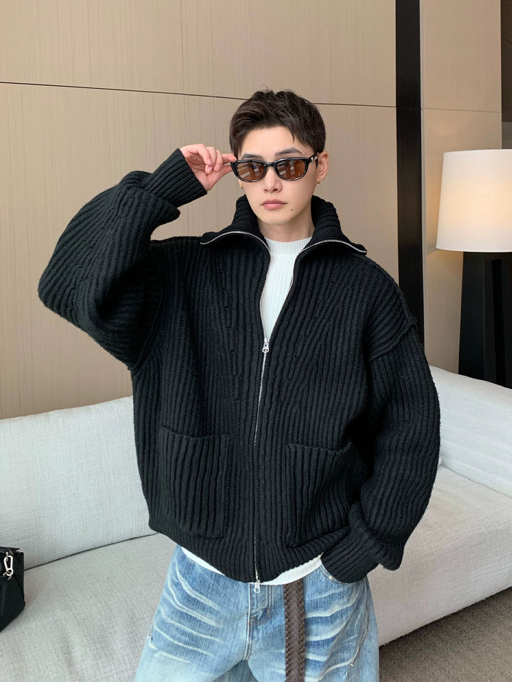 Cárdigan de punto con cremallera y cuello alto acanalado 