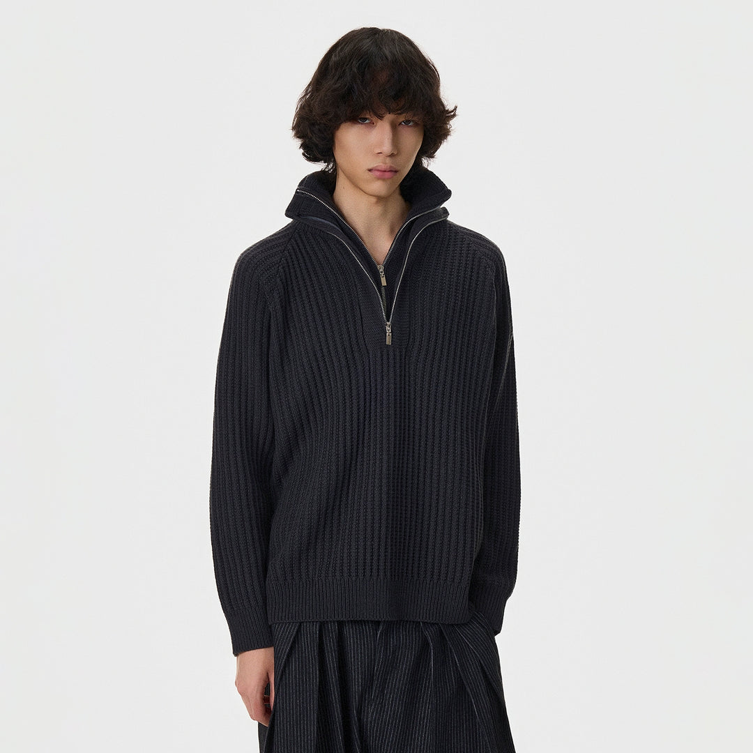 Half-Zip Ribbed Knit Turtleneck Sweater