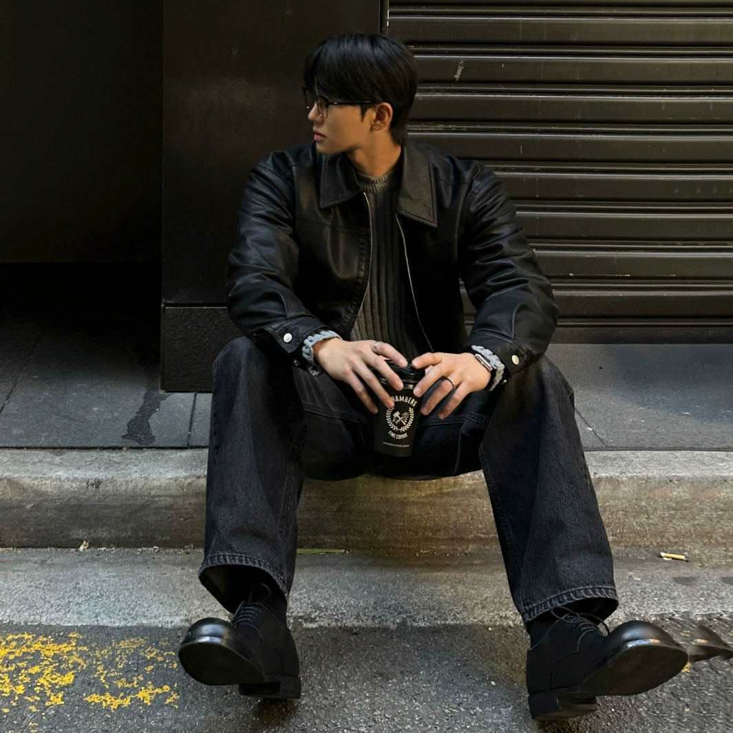 Veste en cuir à revers coupe ample rétro 