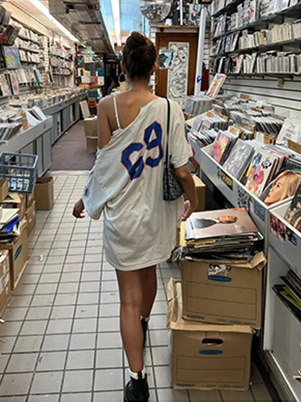 Letter Print One-Shoulder Loose T-Shirt