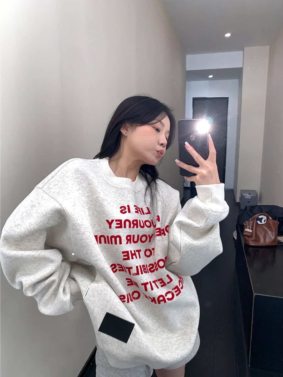 Bedruckter, lockerer Fleece-Crewneck-Pullover 