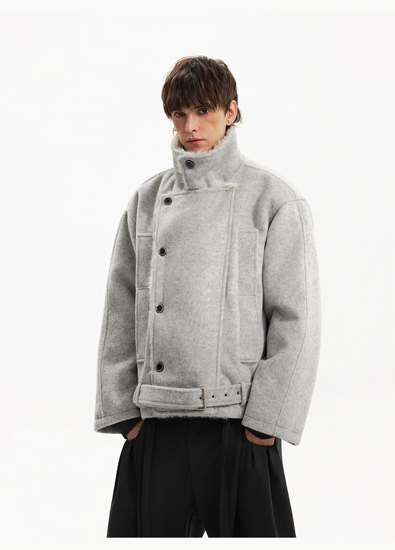 Двубортное шершавая пальто с поясом 