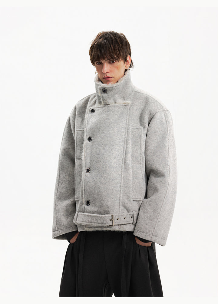 Двубортное шершавая пальто с поясом 