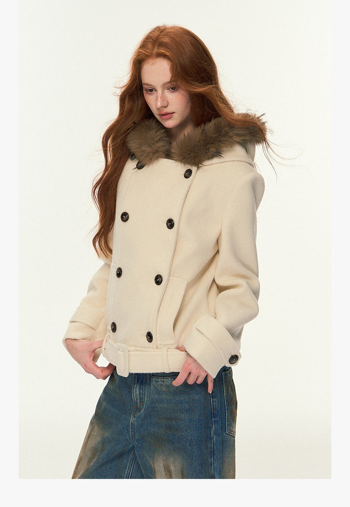 Short Double-Breasted Wool Coat with Hood