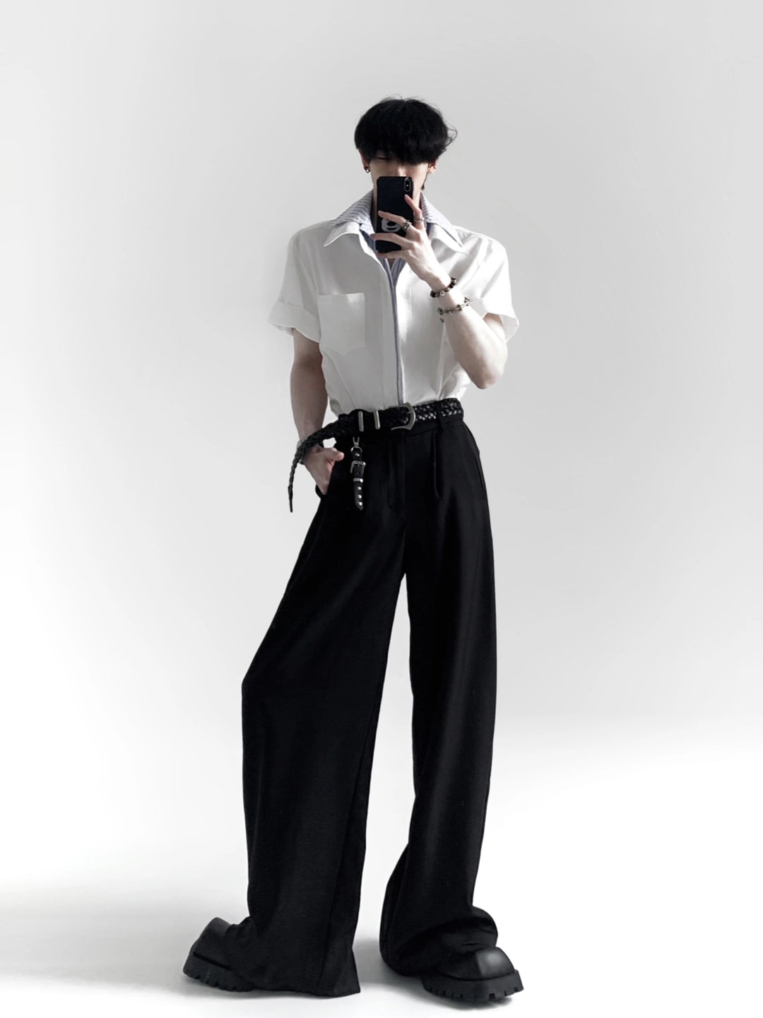 Patchwork Striped Collar Short-sleeved Shirt
