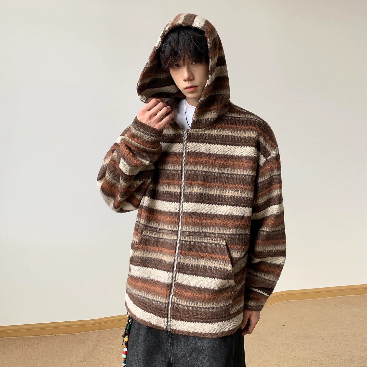 Woolen Striped Zip Up Hooded Cardigan