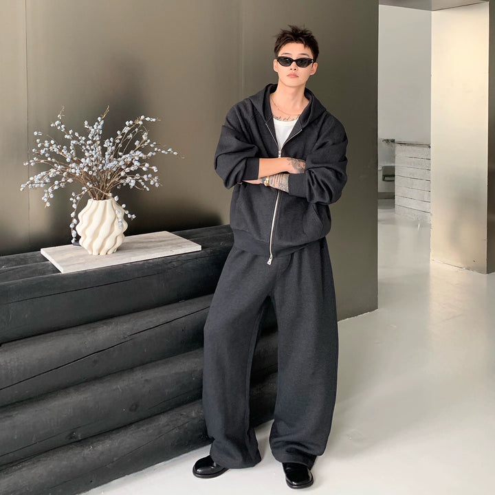 Zipper Hooded Jacket and Wide Leg Pants