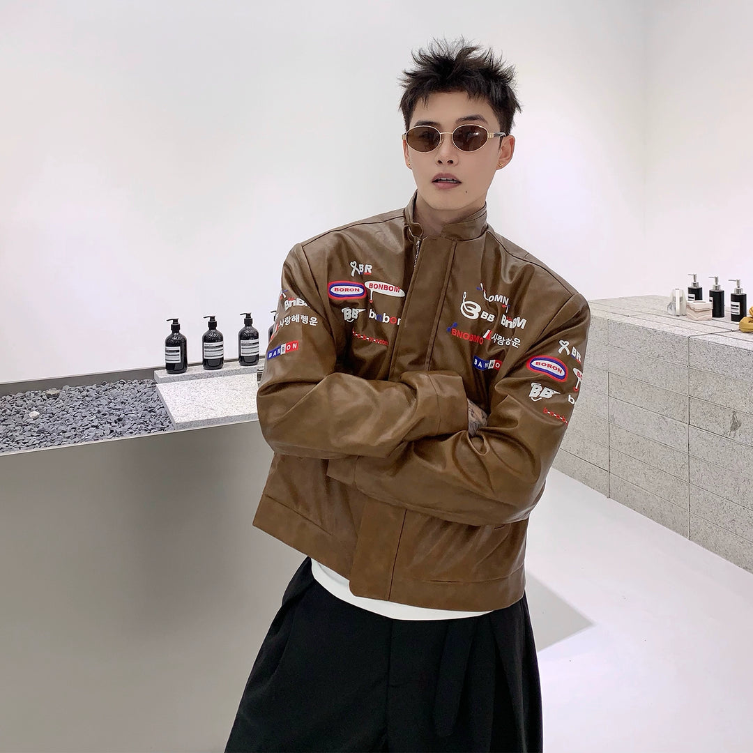 Leather Embroidered Stand Collar Jacket