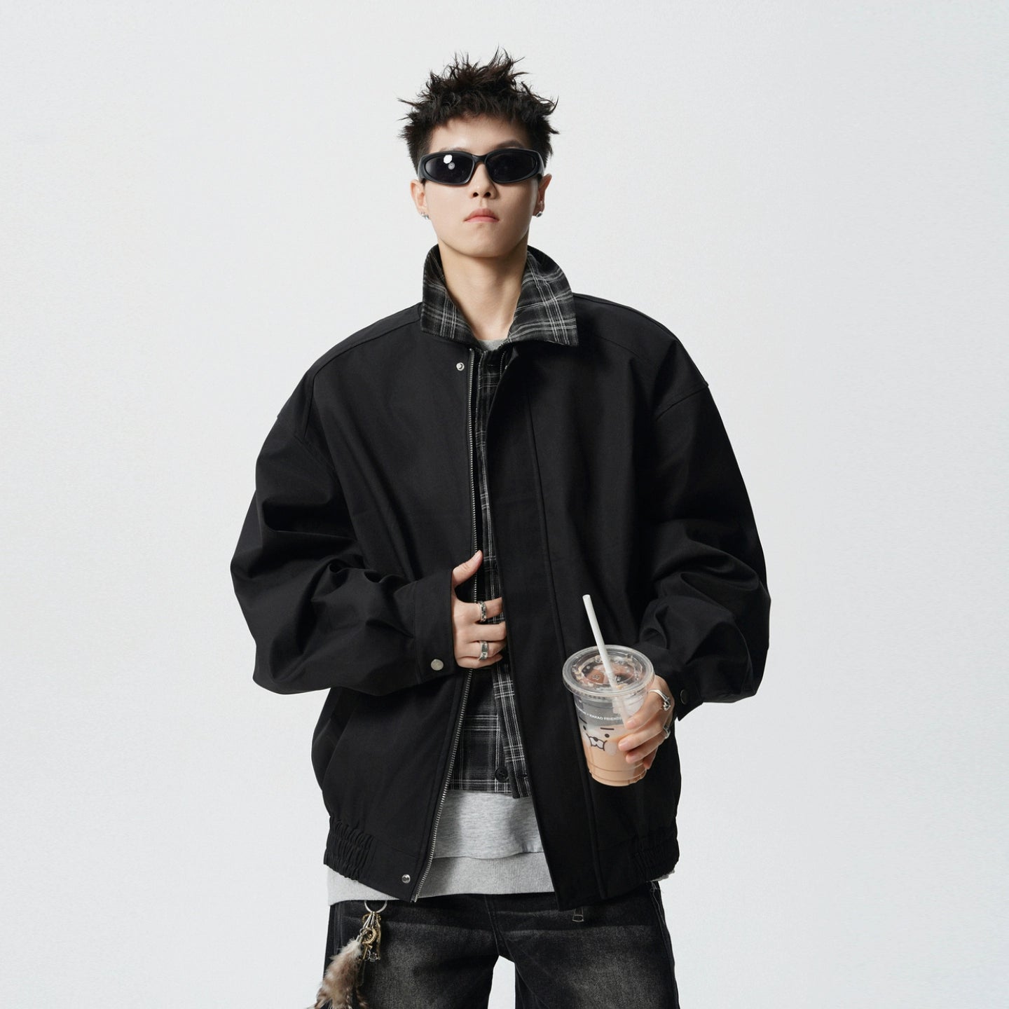 Plaid Patchwork Lapel Bomber Jacket