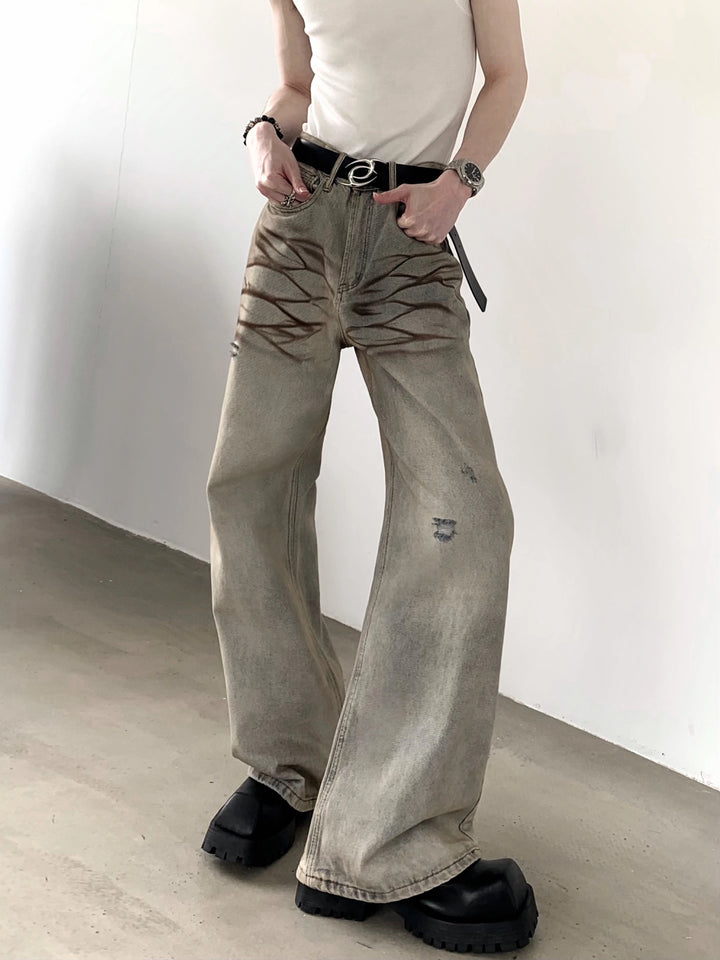 Distressed Washed Wide Leg Jeans