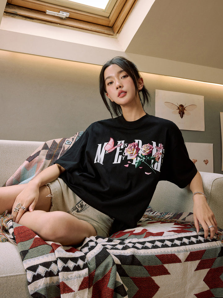 バタフライローズ刺繍ルーズフィットTシャツ 