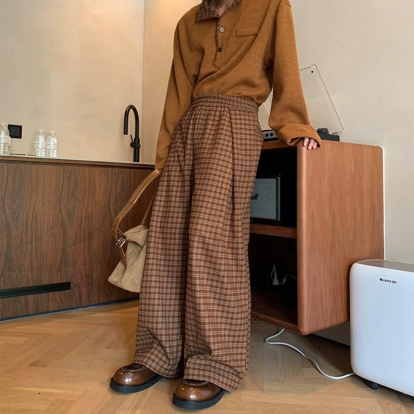 Plaid Elastic Waist Wide Leg Pants