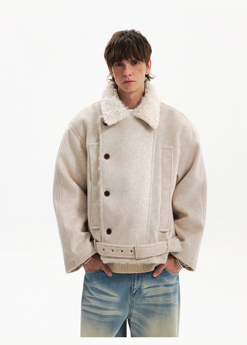 Двубортное шершавая пальто с поясом 