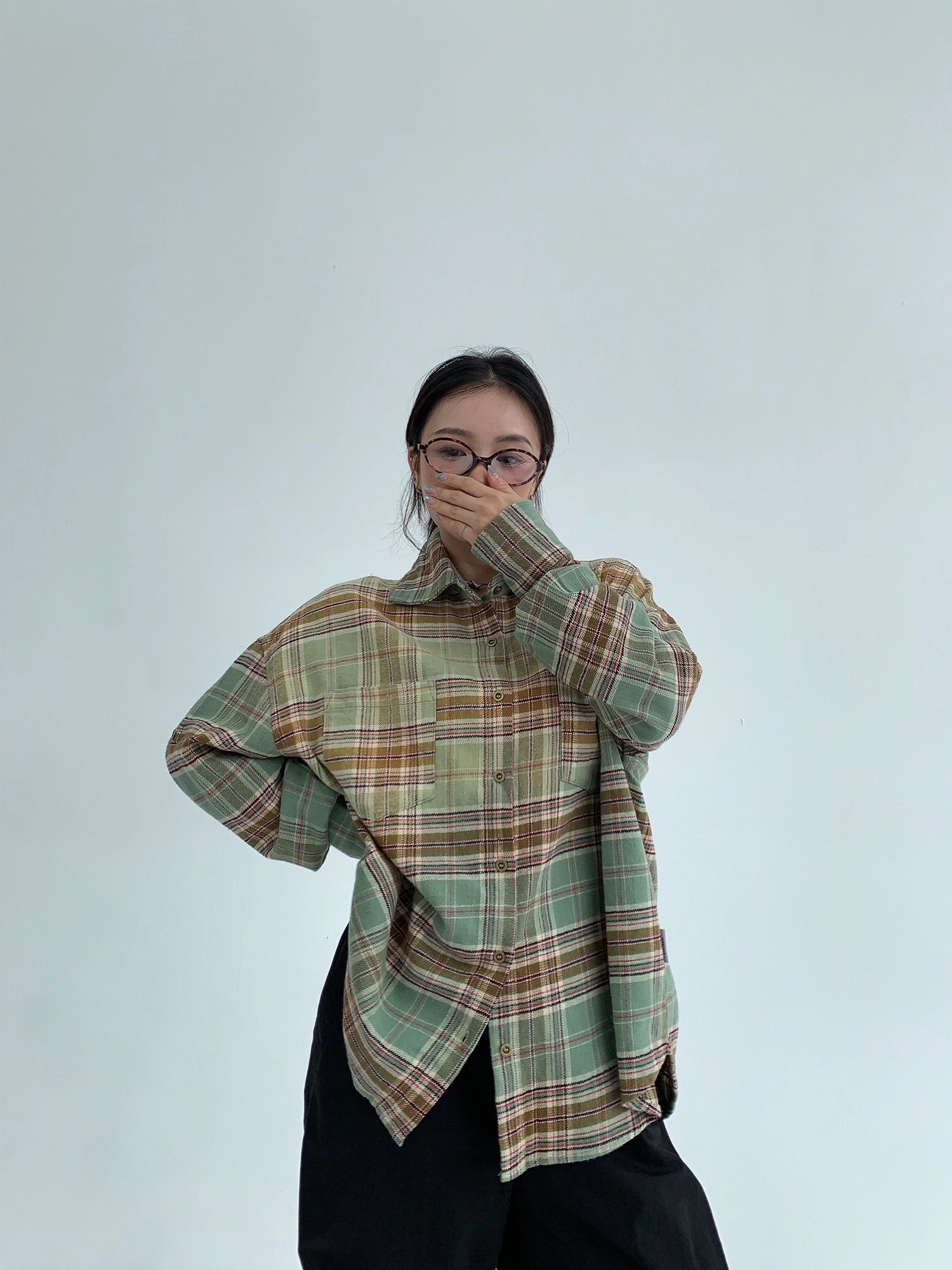 قميص كاجوال طويل الأكمام بتصميم مربعات كبير 