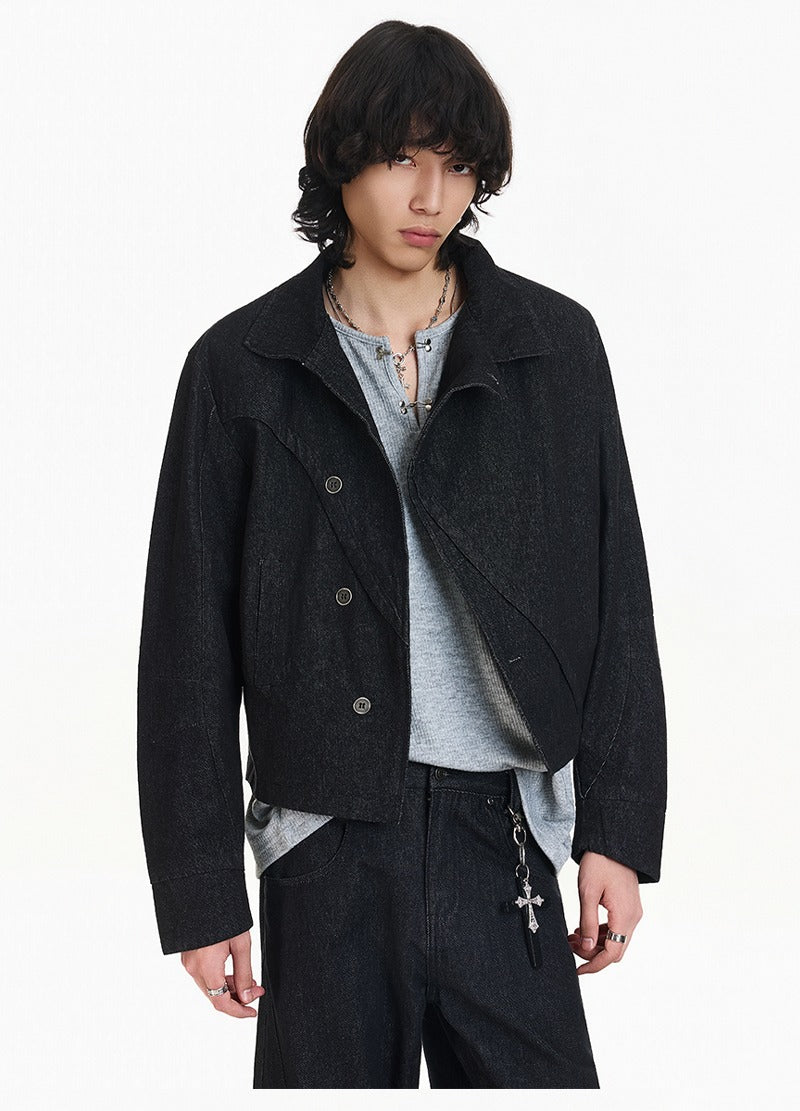 Veste en denim à col montant coupe rétro 