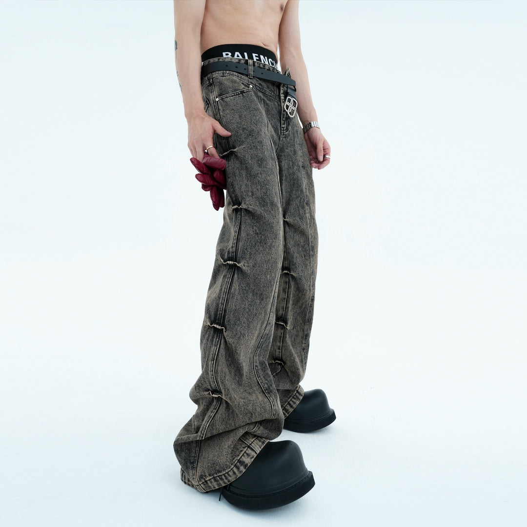 Pleated Flared Leg Retro Style Jeans Pants