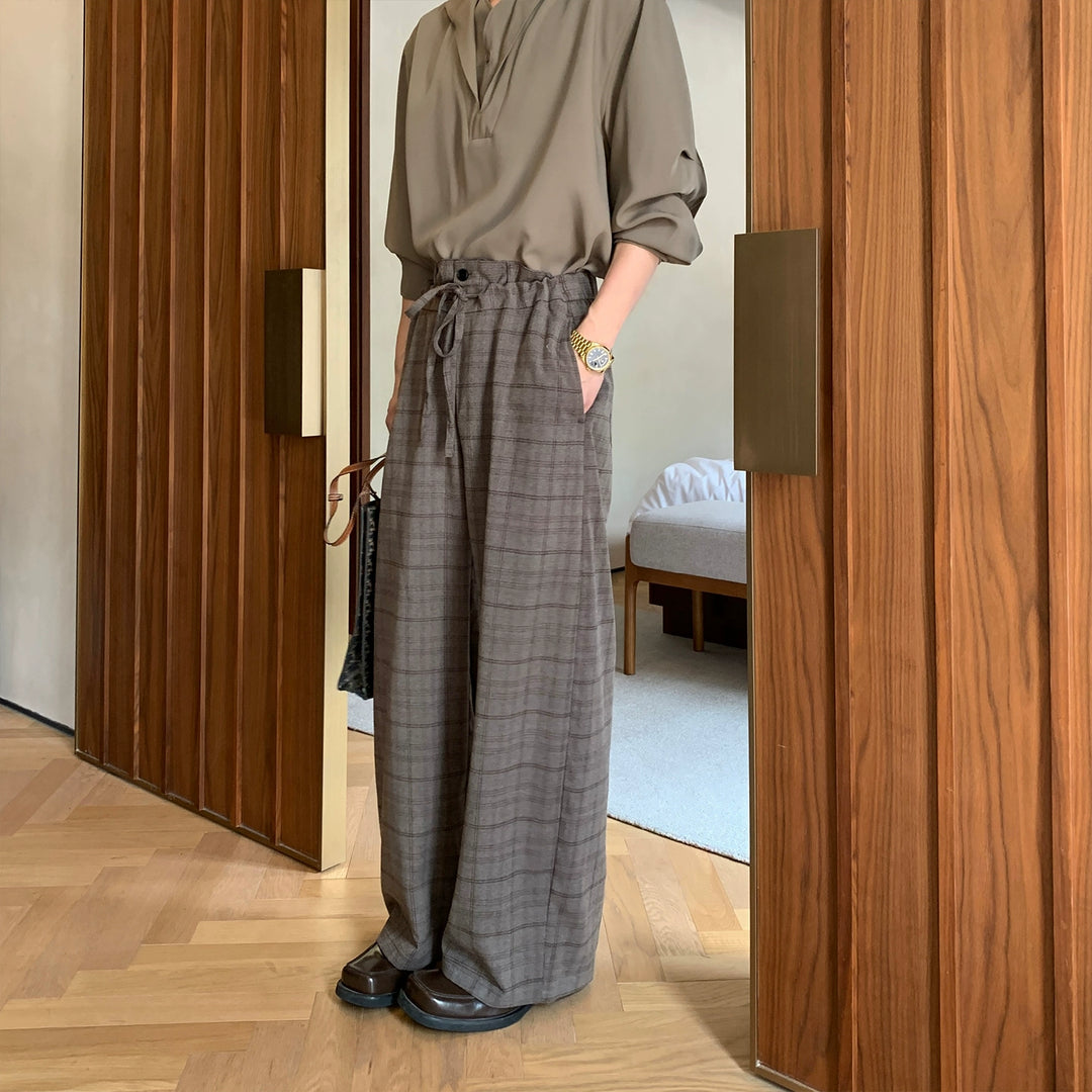 Elastic Waist Plaid Wide-Leg Pants