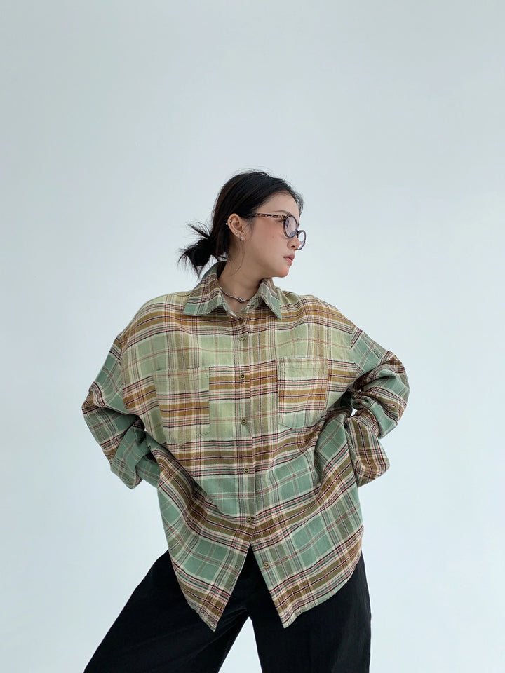 Camisa Casual de Manga Larga de Cuadros Sobredimensionada 