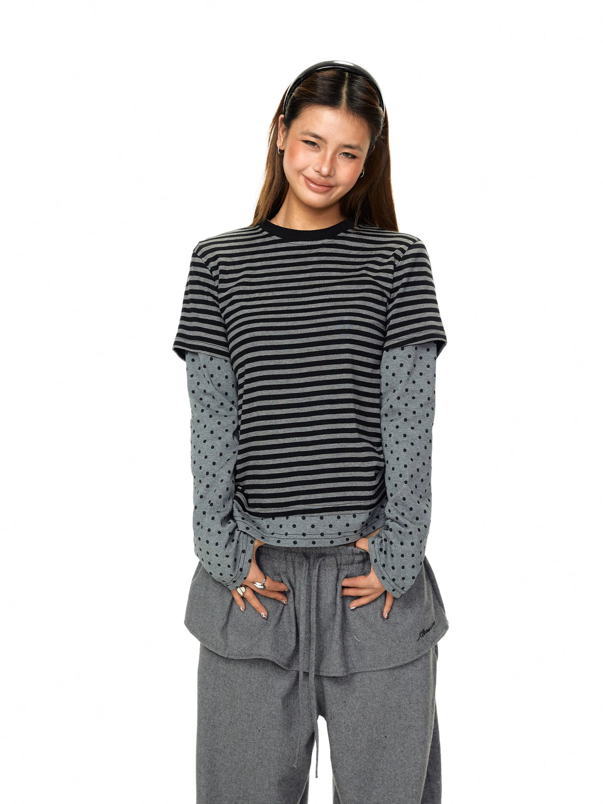 Striped and Polka Dot Layered Crewneck Top 3